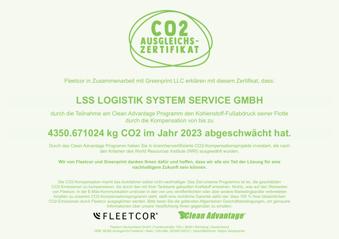 LSS CO2 Kompensation Zertifikat